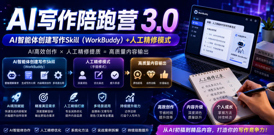 AI写作陪跑营3.0，Ai智能体创建写作skill（workbuddy）+人工手写模式（手搓模式），去除AI痕迹（头条号、公众号、百家号）（更新0814）