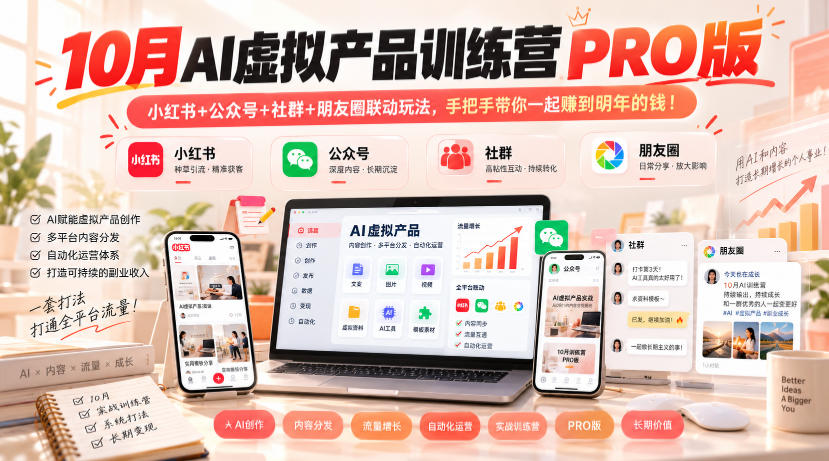 10月AI虚拟产品训练营PRO版，小红书+公众号+社群+朋友圈联动玩法，手把手带你一起赚到明年的钱！（更新1024）