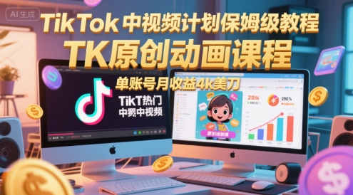 TikTok中视频计划保姆级教程，TK原创动画课程，单账号月收益4k美刀