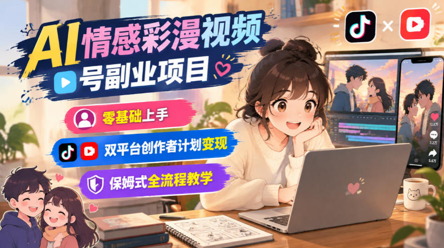 AI情感彩漫视频号副业项目，零基础上手，双平台创作者计划变现，保姆式全流程教学