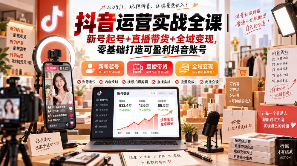 抖音运营实战全课|新号起号+直播带货+全域变现,零基础打造可盈利抖音账号