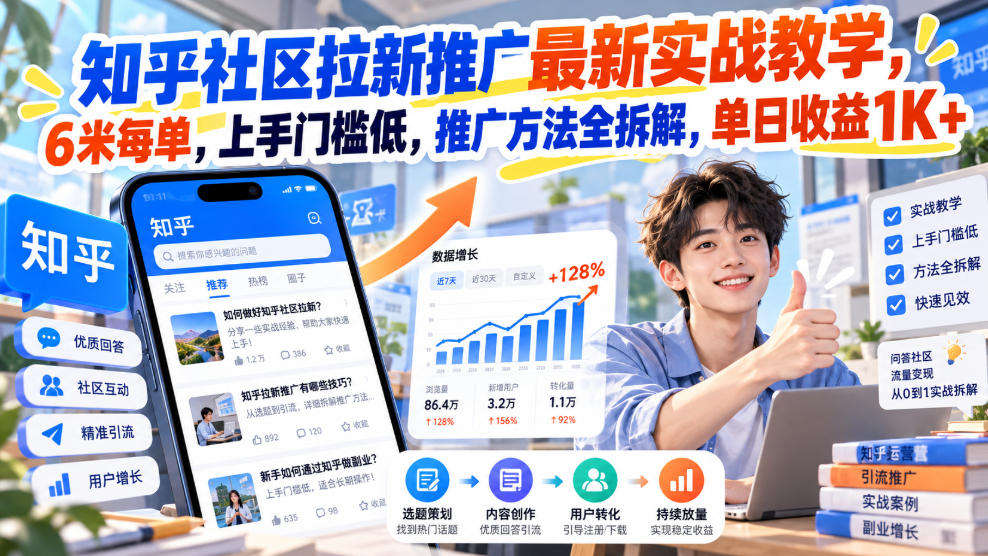知乎社区拉新推广最新实战教学，6米每单，上手门槛低，推广方法全拆解，单日收益1K+！（更新1021）