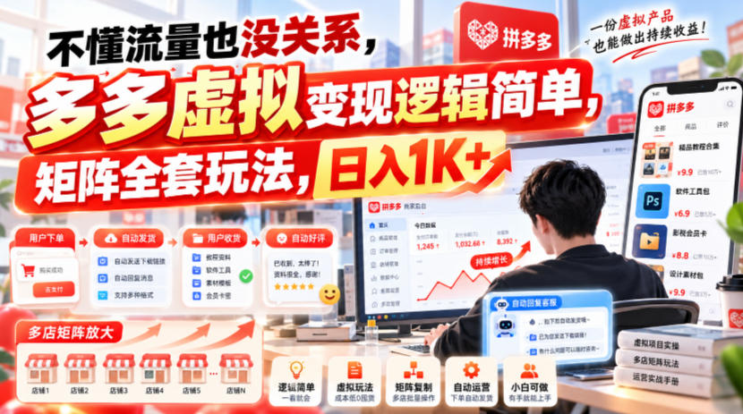不懂流量也没关系，多多虚拟变现逻辑简单，矩阵全套玩法，日入1K+【揭秘】