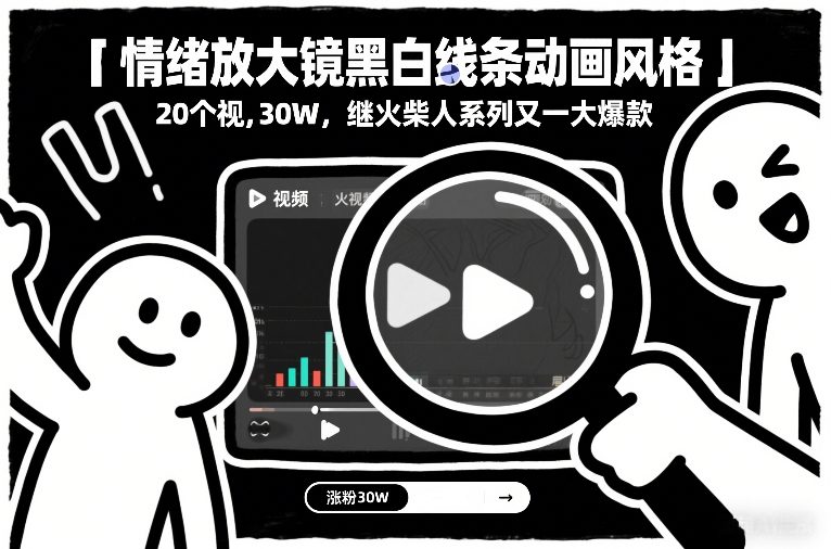 情绪放大镜黑白线条动画风格,20个视频,涨粉30W,继火柴人系列又一大爆款