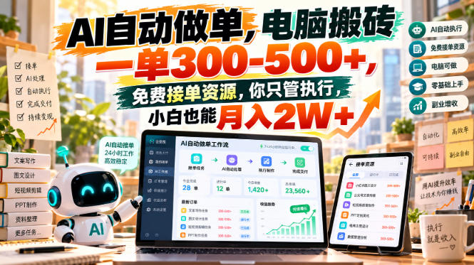 AI自动做单，电脑搬砖一单300-500+，免费接单资源，你只管执行，小白也能月入2W+【揭秘】