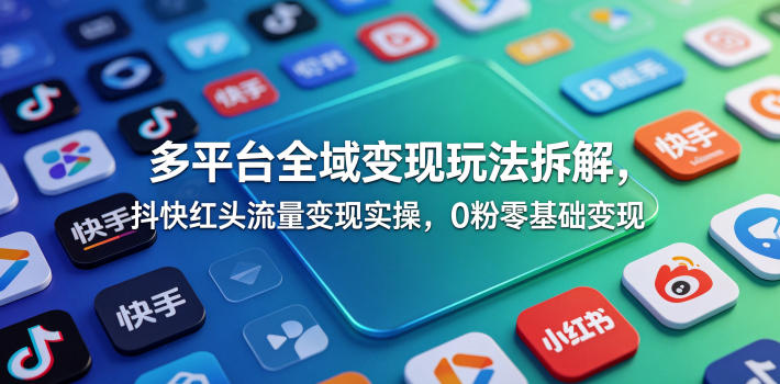 多平台全域变现玩法拆解，抖快红头流量变现实操，0粉零基础变现