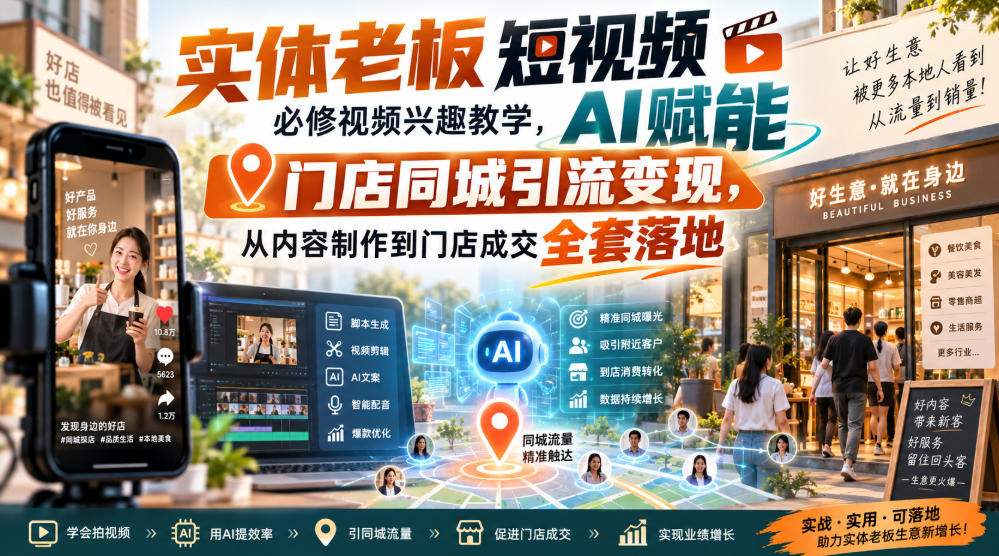 实体老板短视频必修视频兴趣教学,AI赋能门店同城引流变现,AI+短视频+直播打爆实体客流量