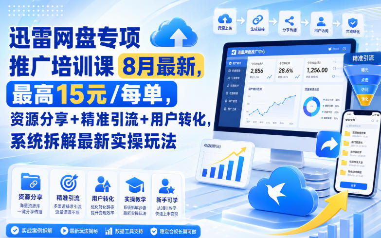 迅雷网盘专项推广培训课8月最新,最高15米/每单,资源分享+精准引流+用户转化,系统拆解最新实操玩法(更新0903)