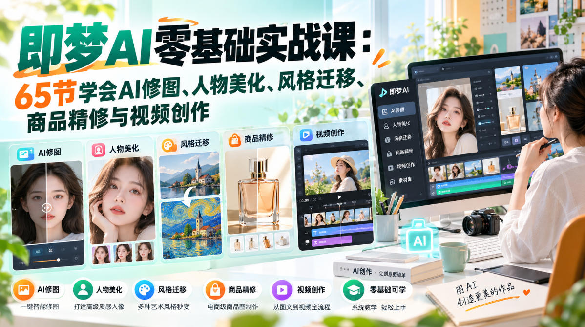即梦AI零基础实战课：65节学会AI修图、人物美化、风格迁移、商品精修与视频创作