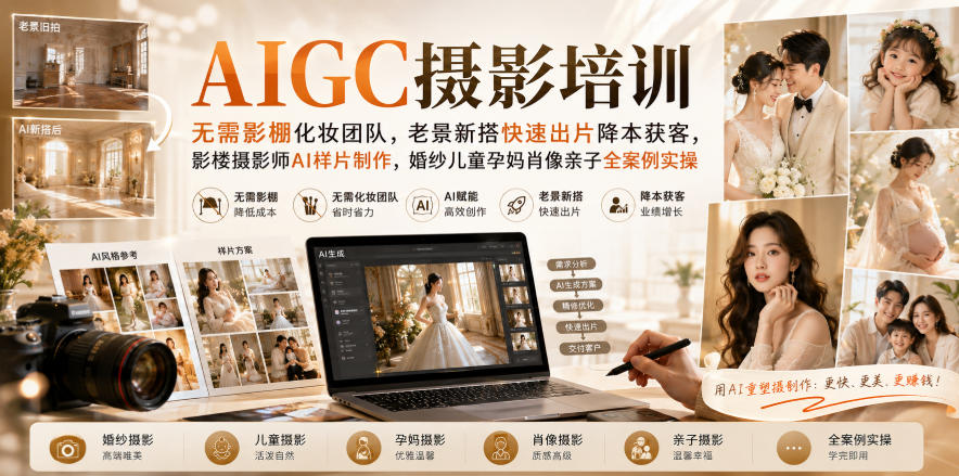 AIGC摄影培训｜无需影棚化妆团队，老景新搭快速出片降本获客，影楼摄影师AI样片制作，婚纱儿童孕妈肖像亲子全案例实操