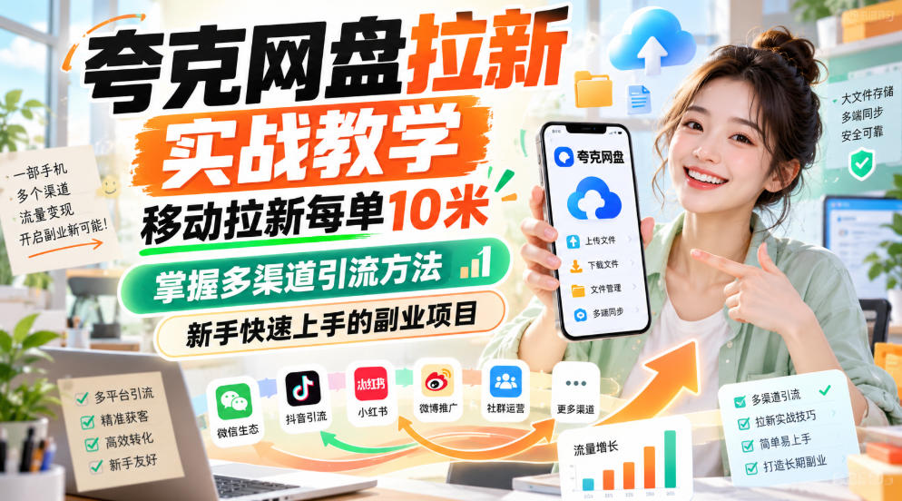 夸克网盘拉新实战教学,移动拉新每单10米,掌握多渠道引流方法,新手快速上手的副业项目(更新0929)