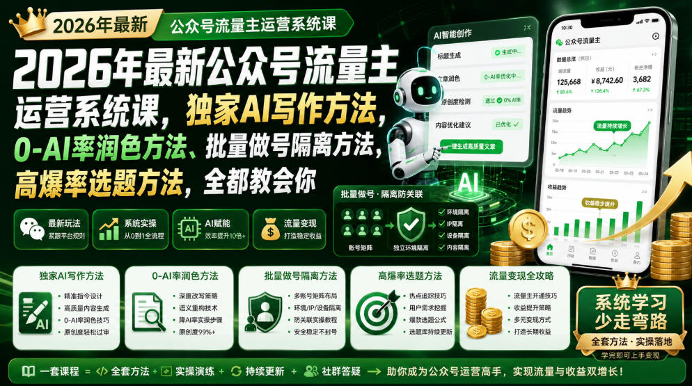 2026年最新公众号流量主运营系统课，独家AI写作方法，0-AI率润色方法、批量做号隔离方法、高爆率选题方法，全都教会你（更新1009）