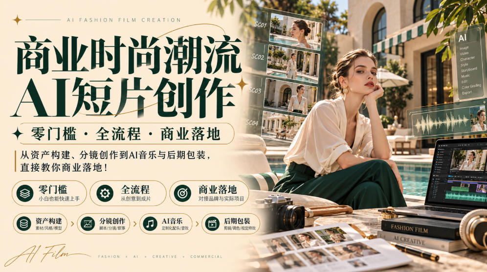 商业时尚潮流AI短片创作｜零门槛・全流程・商业落地，从资产构建、分镜创作到AI音乐与后期包装，直接教你商业落地！