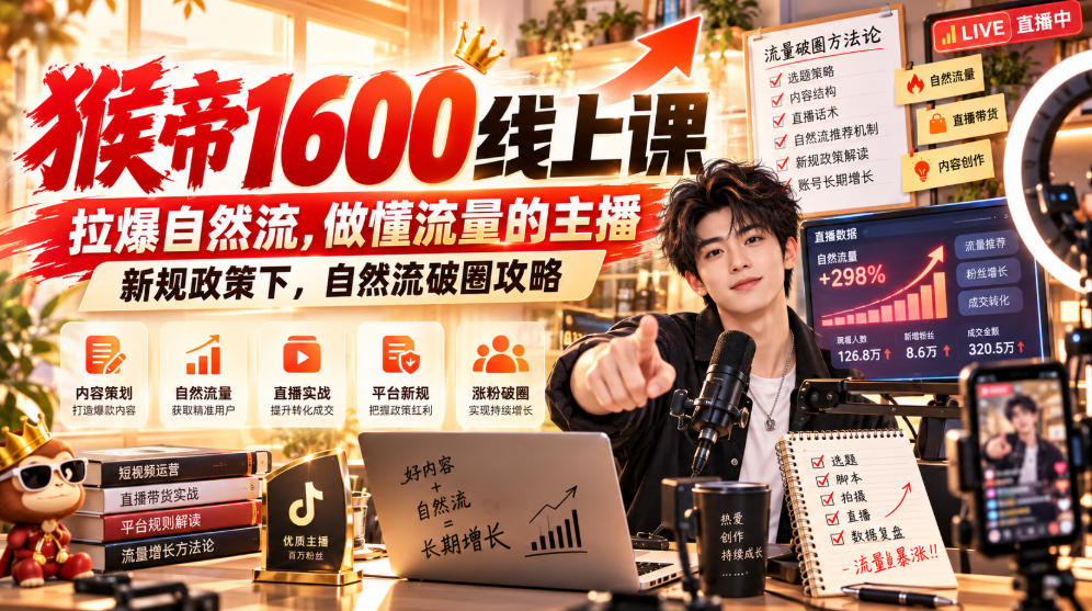 猴帝1600线上课,拉爆自然流,做懂流量的主播,新规政策下,自然流破圈攻略【更新261002】
