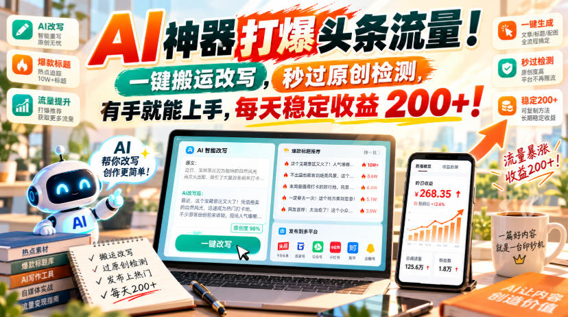 AI神器打爆头条流量，一键搬运改写，秒过原创检测，有手就能上手，每天稳定收益200+！【揭秘】