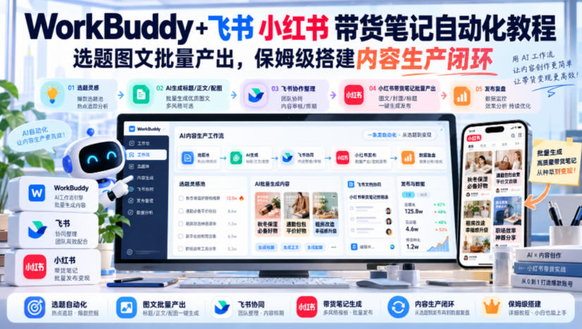 WorkBuddy+飞书小红书带货笔记自动化教程,选题图文批量产出,保姆级搭建内容生产闭环【文档】