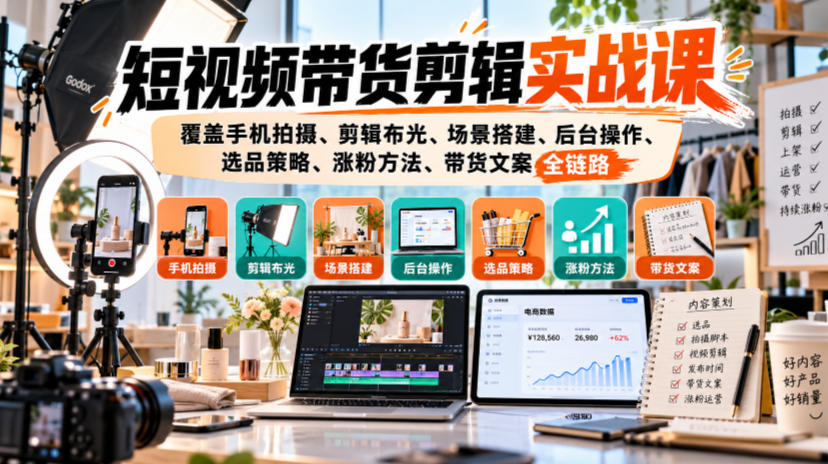 短视频带货剪辑实战课，覆盖手机拍摄、剪辑布光、场景搭建、后台操作、选品策略、涨粉方法、带货文案全链路