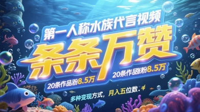 第一人称水族代言视频,条条万赞,20条作品涨粉7.8W,多种变现方式月入五位数